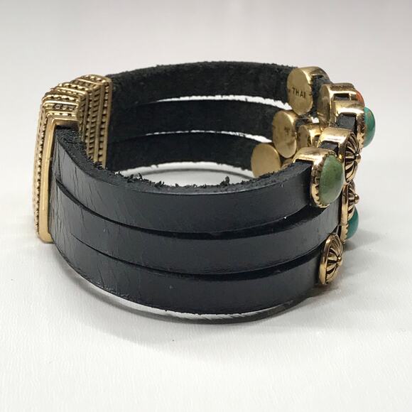 VTG Barse Black Leather Semi Precious Stone Accent Multi Strand Cuff Bracelet - Picture 12 of 14